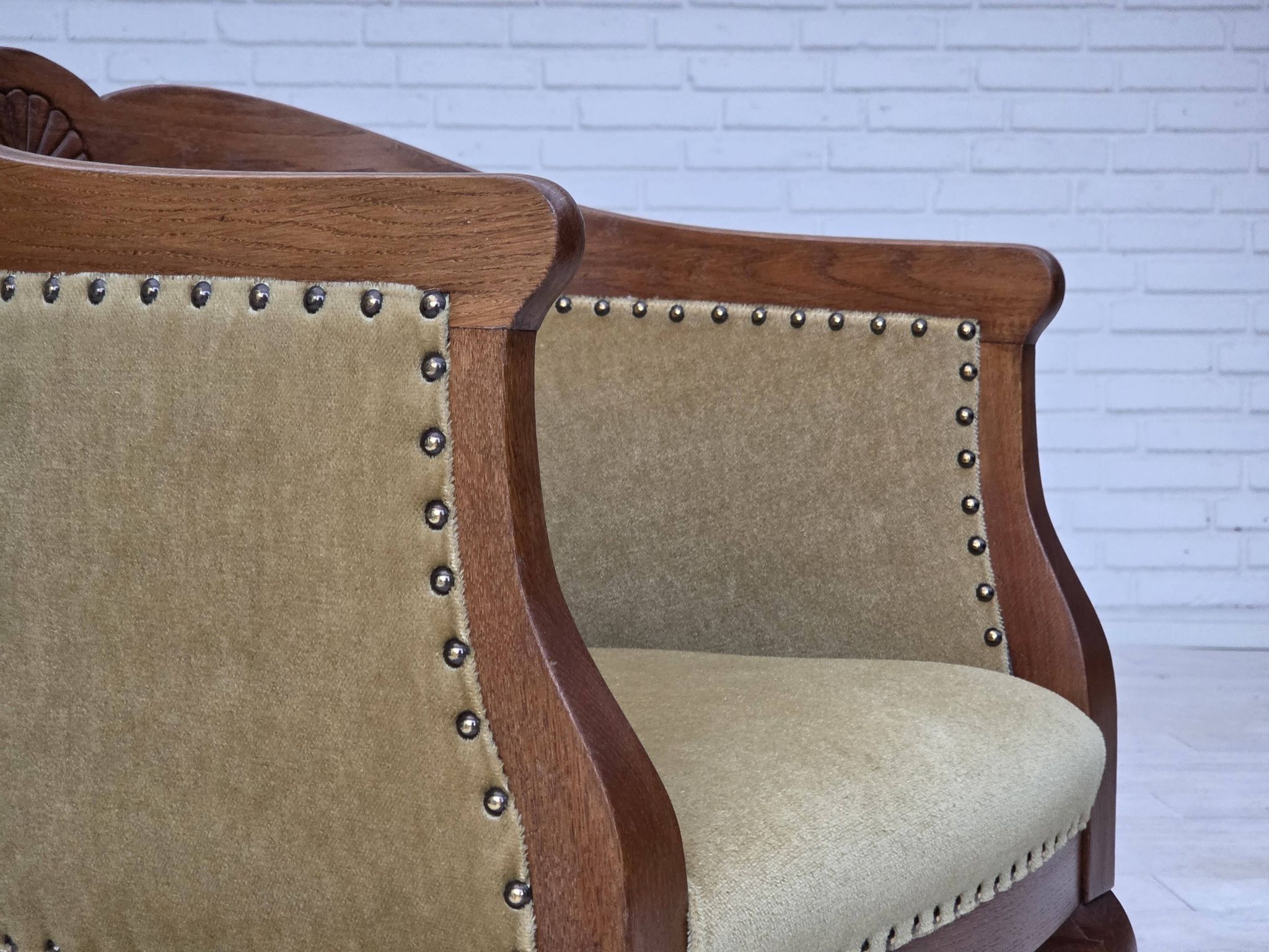 1960s, Danish side/children's armchair, light green furniture velour, oak w