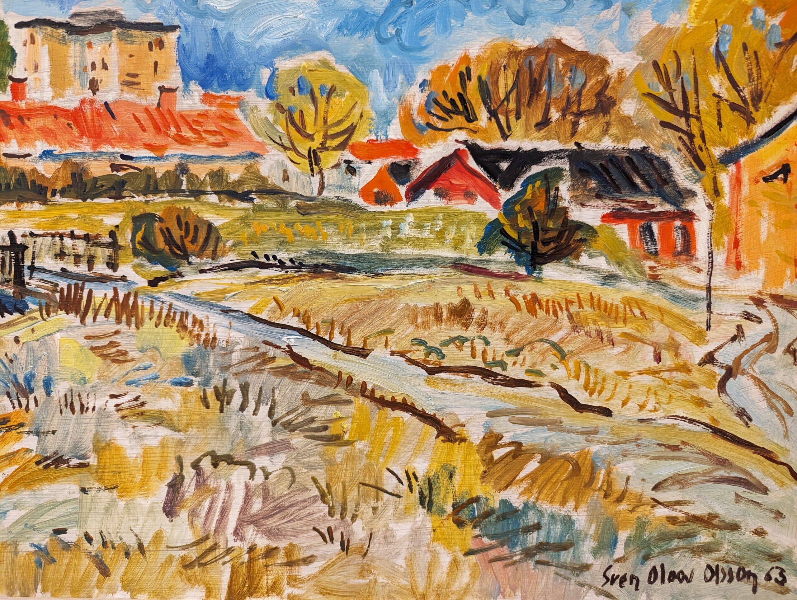 Mid-Century Modern Swedish "Fauvist Field" Vintage Landscape Oil Painting, Framed