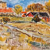 Mid-Century Modern Swedish "Fauvist Field" Vintage Landscape Oil Painting, Framed