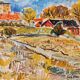 Peinture à l’huile de paysage vintage suédoise moderne du milieu du siècle « Champ fauviste », encadrée