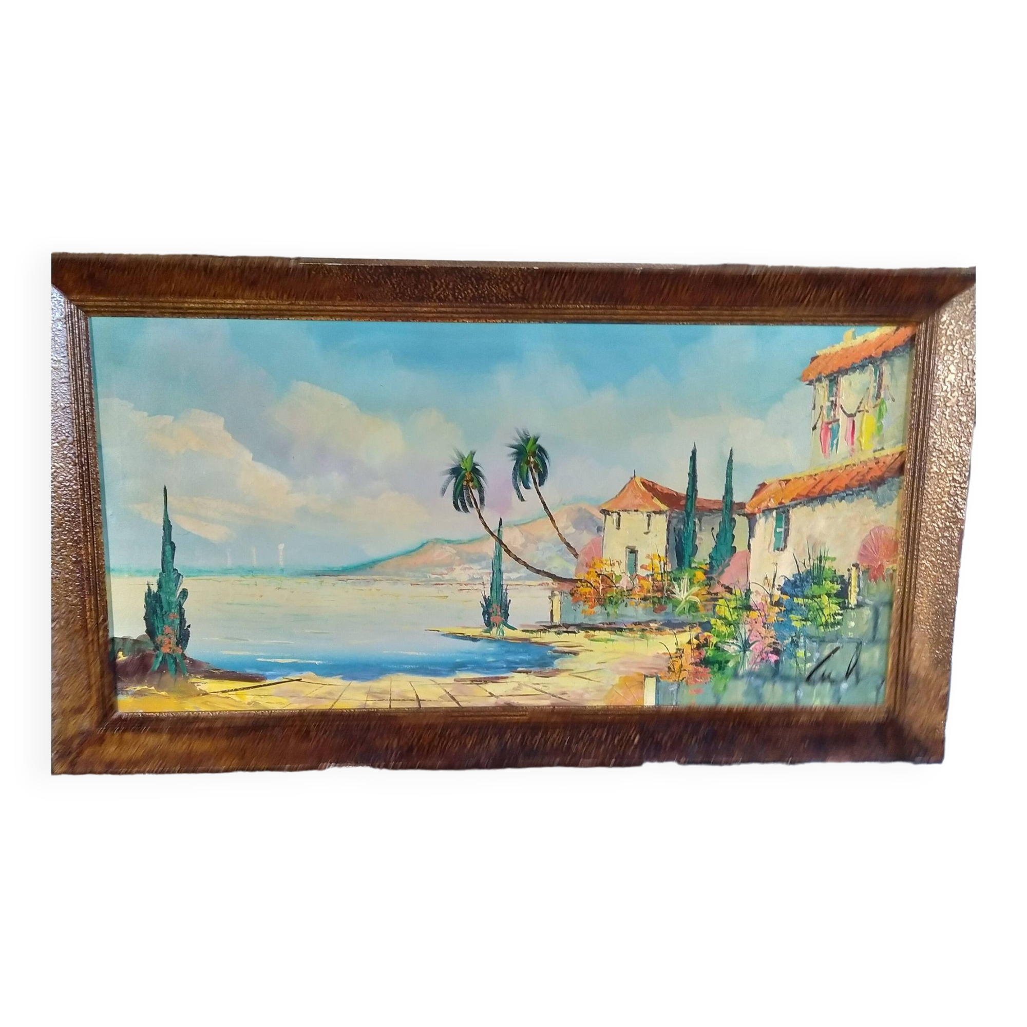 huile sur toile 1950 signée Lutz paysage côtier
