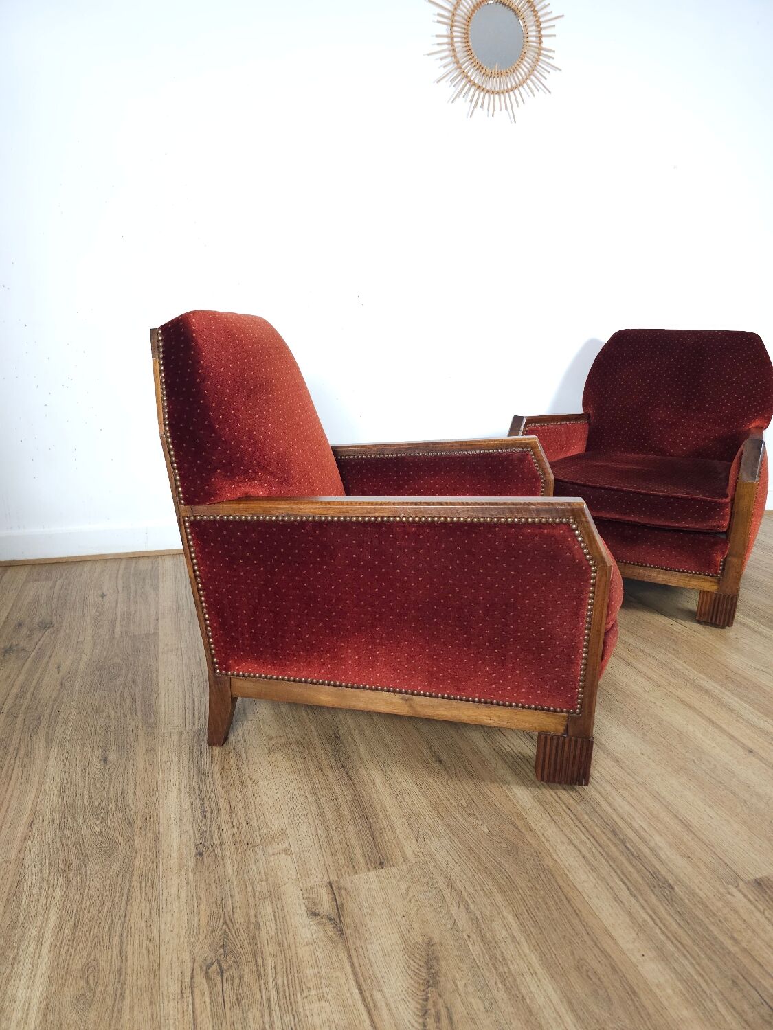 Pair of Art Deco Armchairs, Solid Wood and Red Velvet