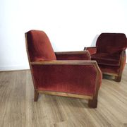 Paire de Fauteuils Art-Déco, Bois Massif et velours rouge