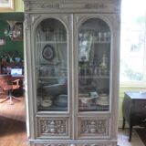 Antique carved buffet display cabinet with gray patina