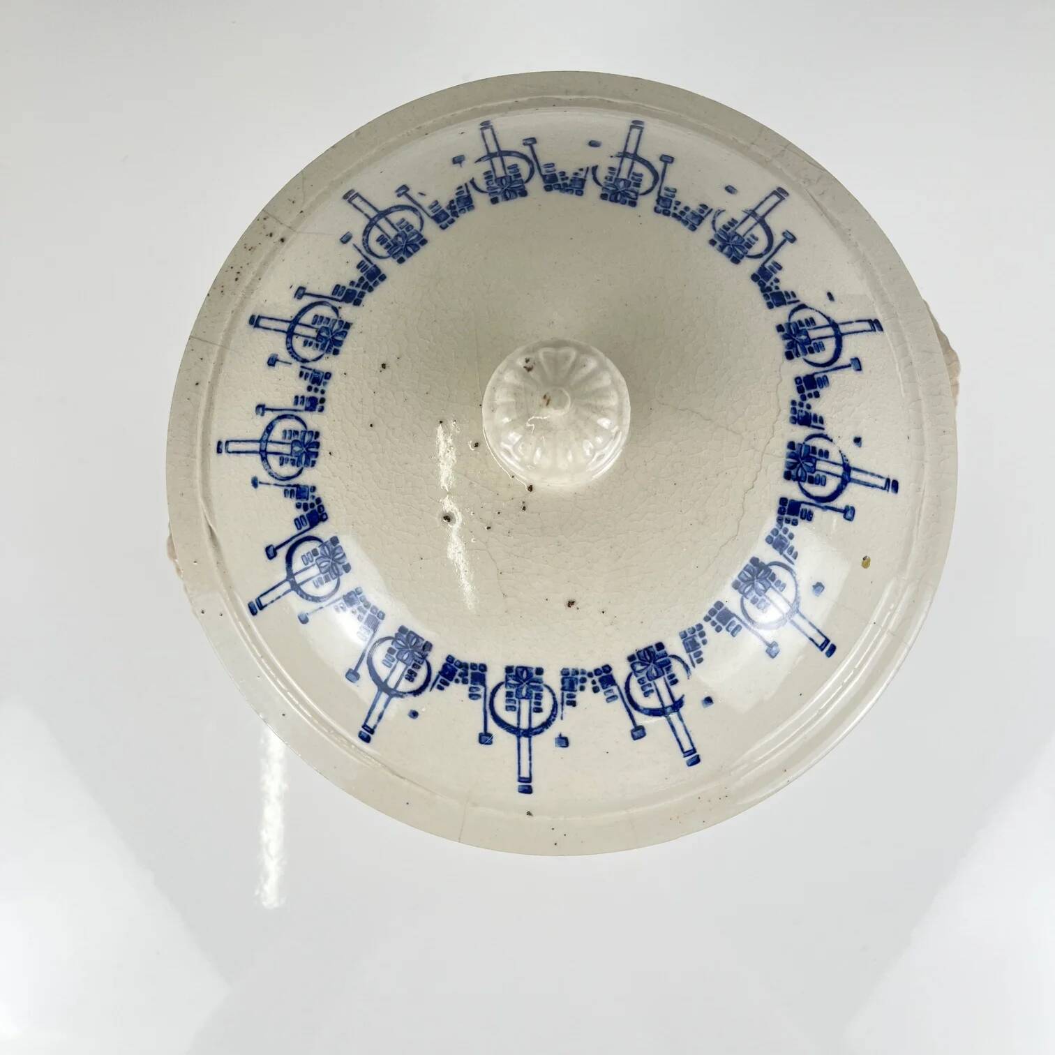 Old stoneware hot water bottle / casserole from Saint Uze, blue decoration, early 20th century.