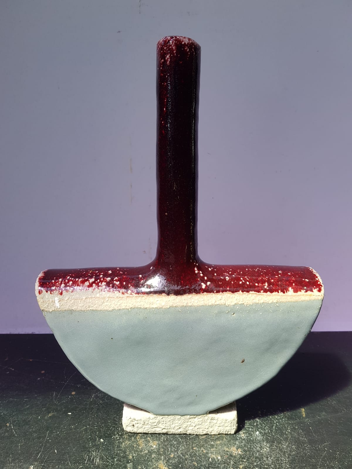 Old enameled ceramic soliflore vase half circle signed vintage