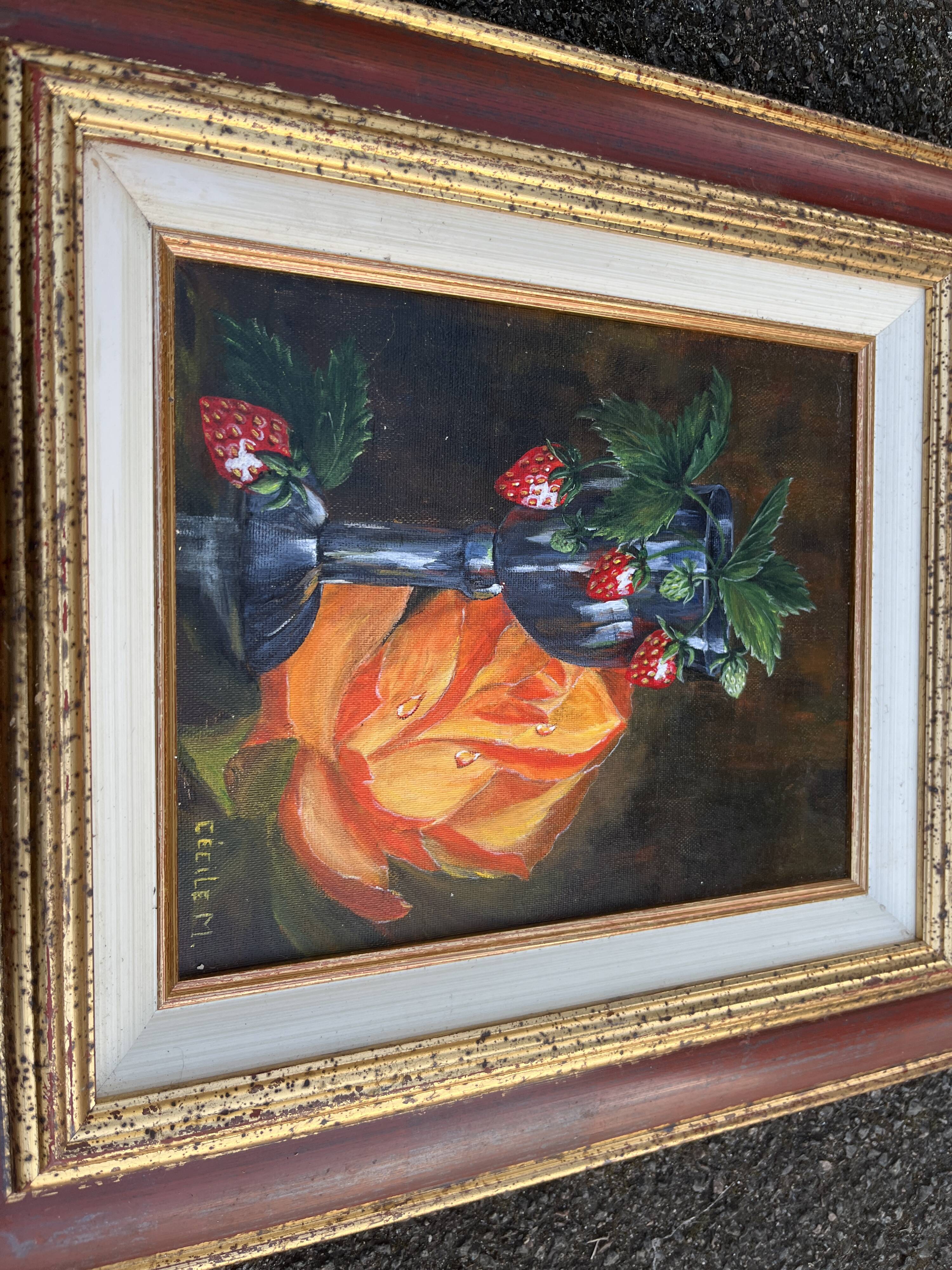 Still life with strawberries – Oil on canvas signed cecile m