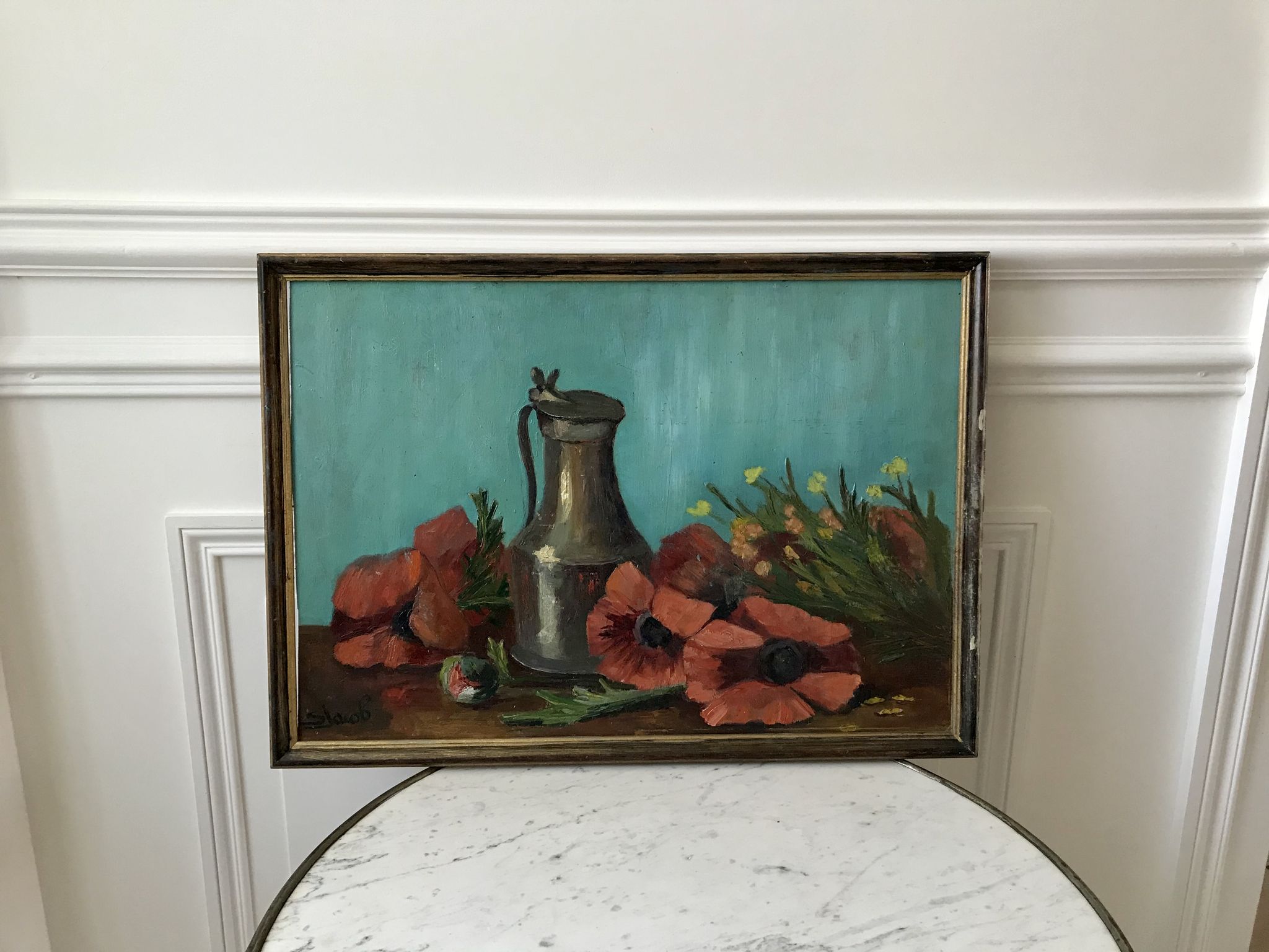 Old painting signed still life pitcher and poppies on vintage azure background