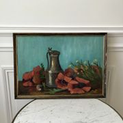 Old painting signed still life pitcher and poppies on vintage azure background