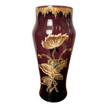 Vase ancien Legras – Verre pourpre émaillé doré – Art Nouveau