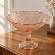 Vintage pink glass footed bowl – Star-decorated compote with draping – Ø 24 cm