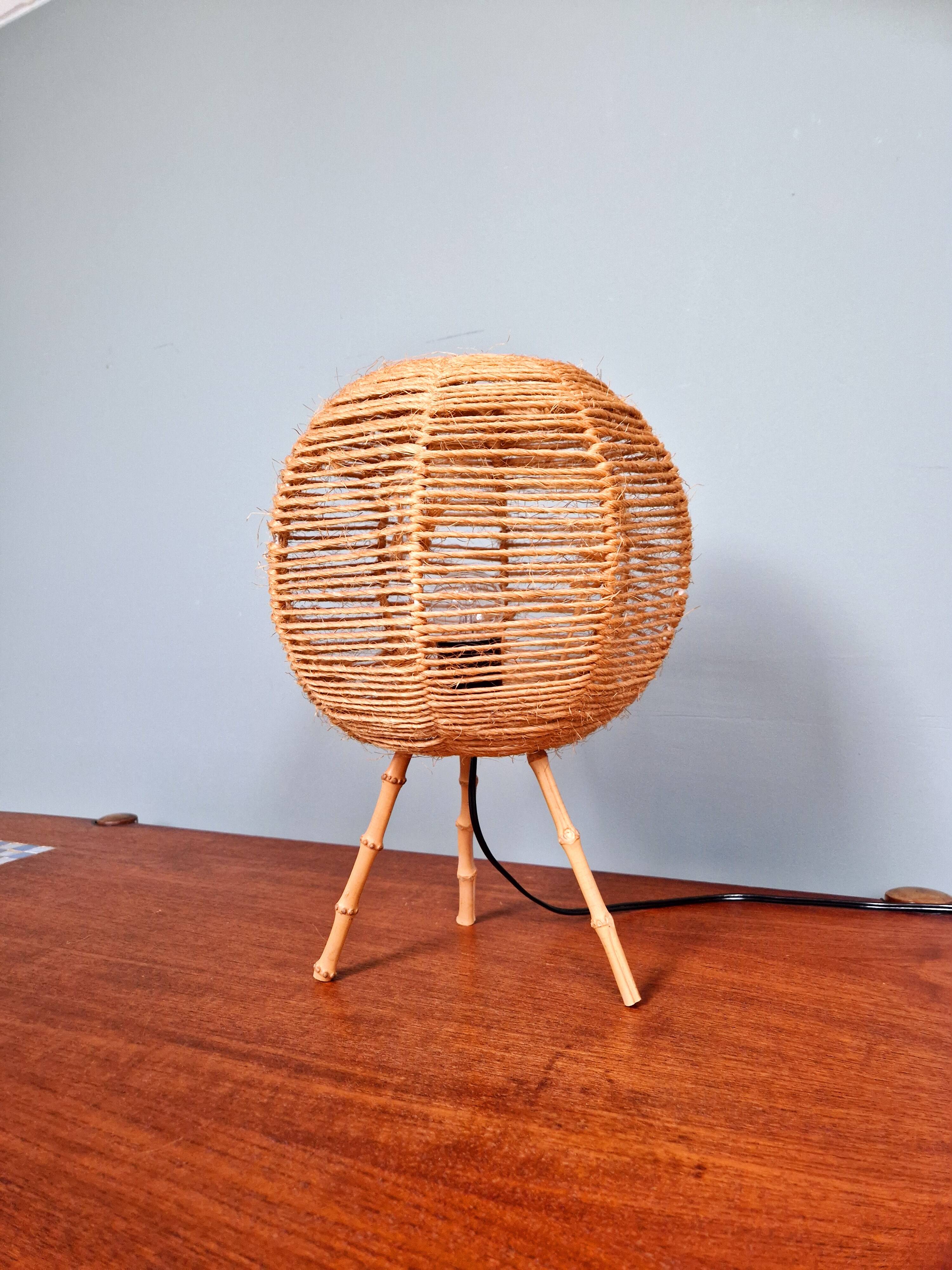 Lampe tripode vintage en corde, années 60