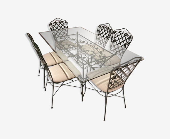 table en fer forgé avec plateau en verre et 6 chaises | Selency