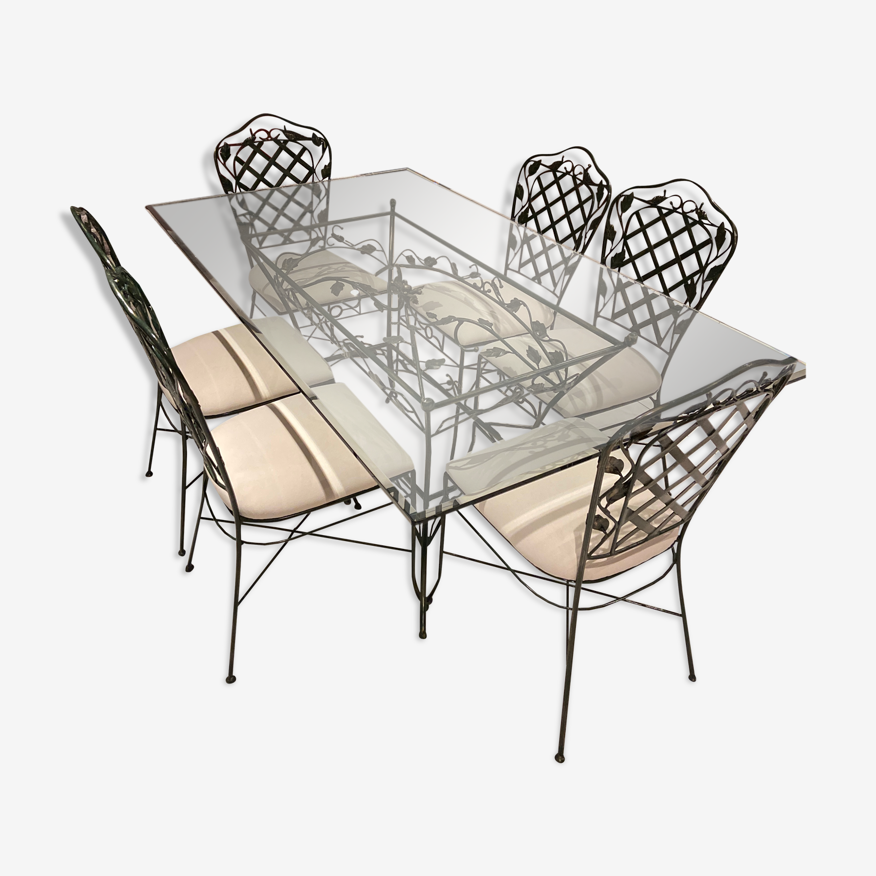 table en fer forgé avec plateau en verre et 6 chaises | Selency