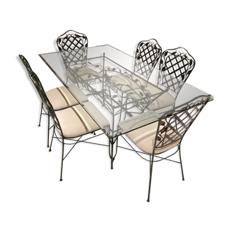 Wrought iron table with glass tray and 6 chairs