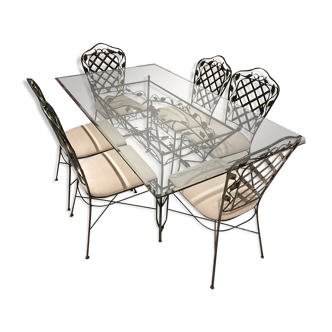 table en fer forgé avec plateau en verre et 6 chaises