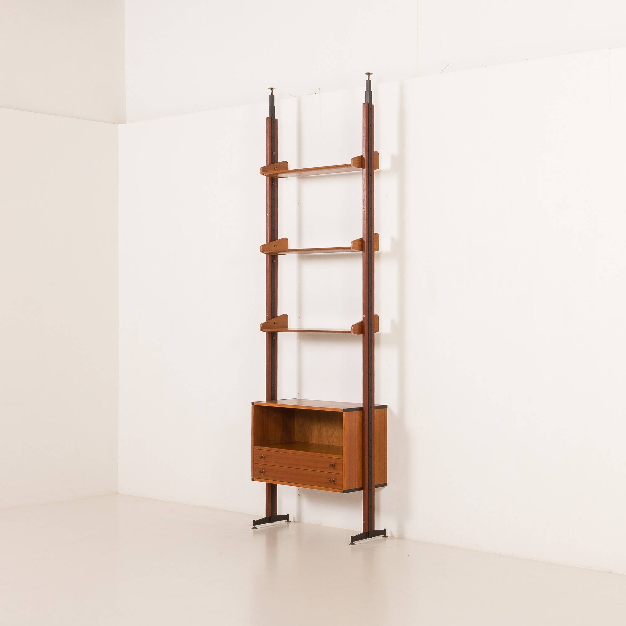 Italian floor to ceiling wall unit or room divider in teak, 1960s