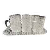 Tray and 6 mugs in blown and molded glass