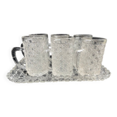Tray and 6 mugs in blown and molded glass