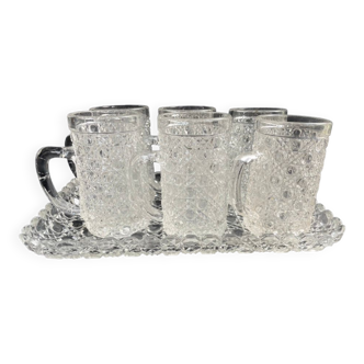 Tray and 6 mugs in blown and molded glass