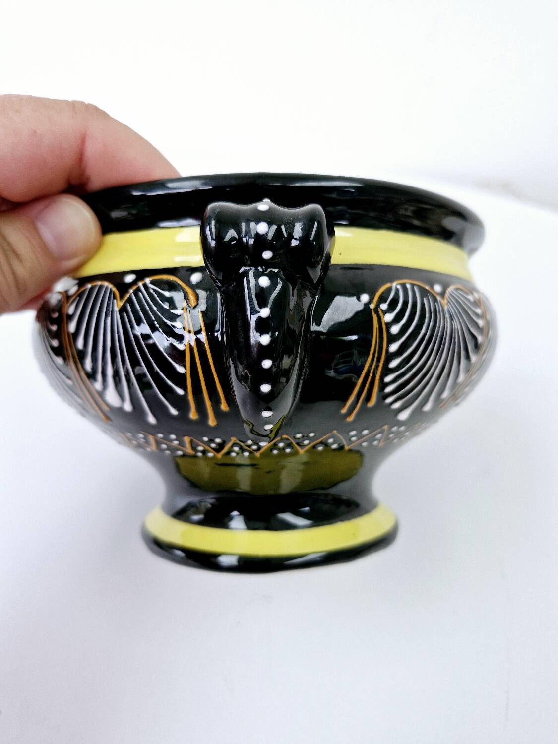 Large Breton Bowl HB Quimper Beaded Black And Yellow Earthenware Lid Handle
