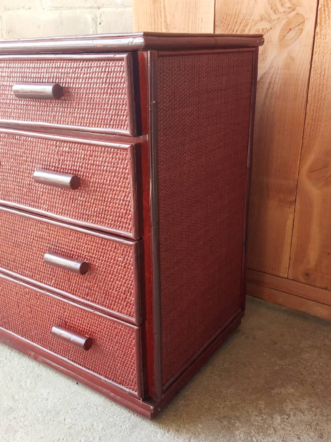 Vintage red lacquered rattan chest of drawers