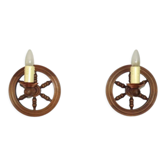 Matching Pair French Vintage Nautical Ship Wheel Wooden Single Wall Sconces 4047