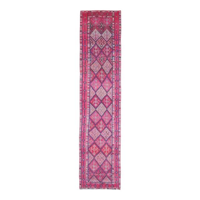 Vintage Turkish Oushak Handmade Cotton Purple Wool Runner Rug 74x345