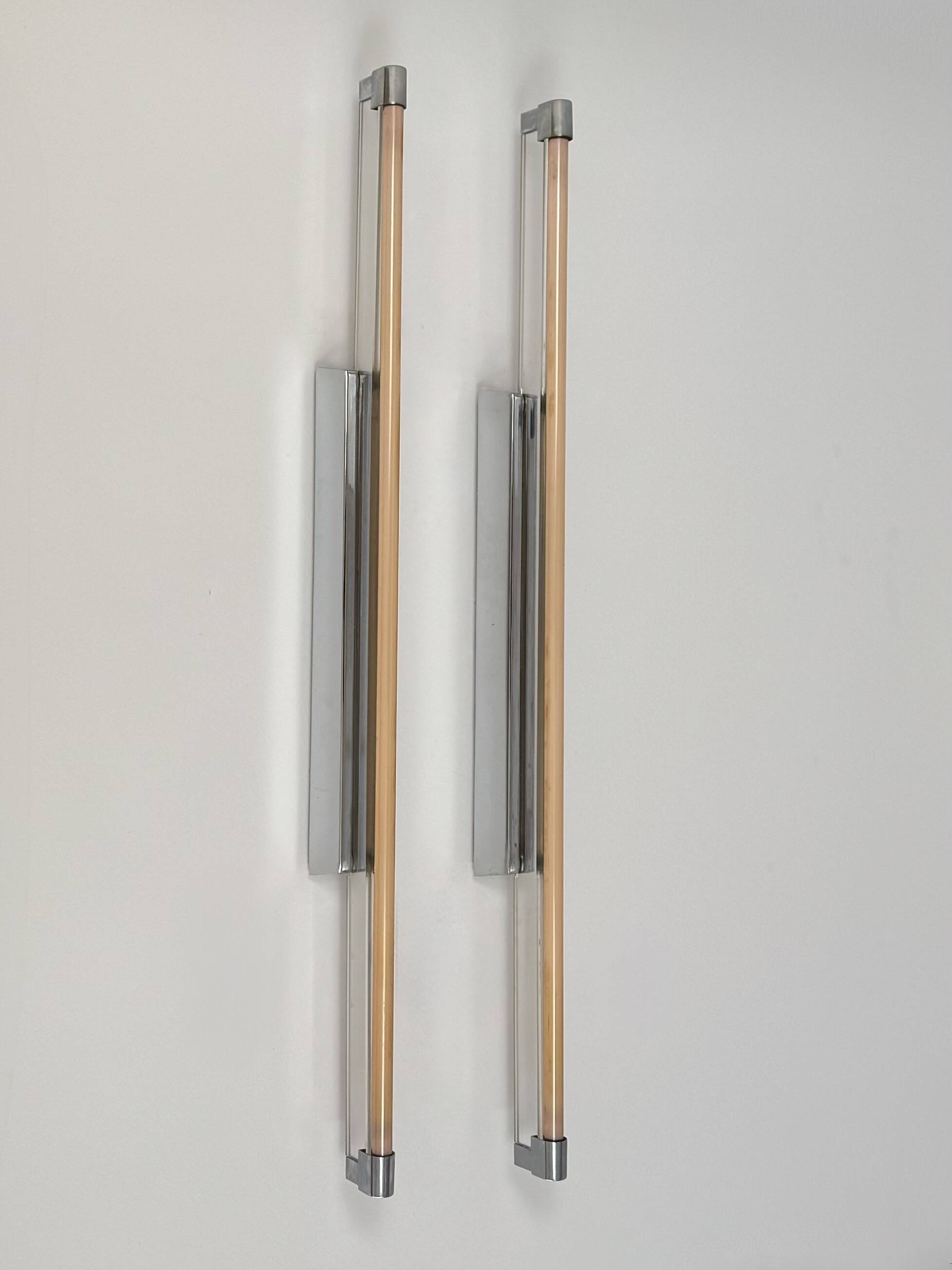 Pair of XL vintage wall lights, chrome metal and transparent ABS, Italy, 1980.