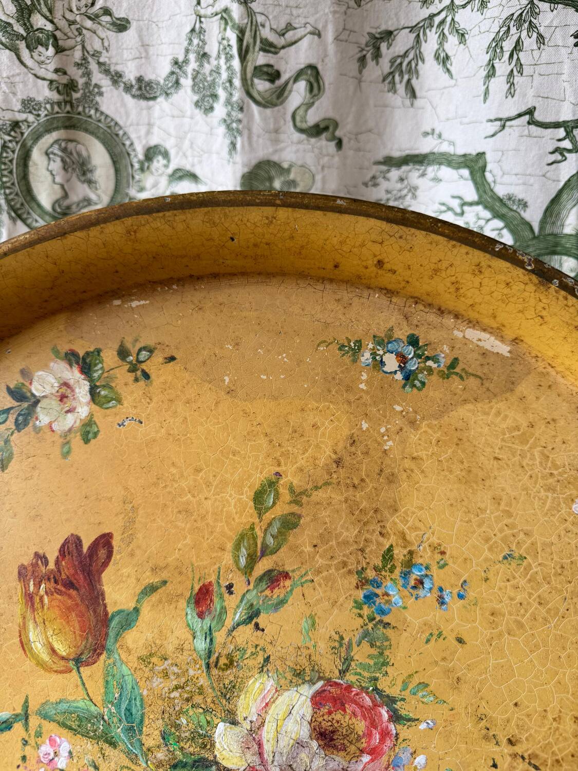 Old and large painted sheet metal tray / late 19th century