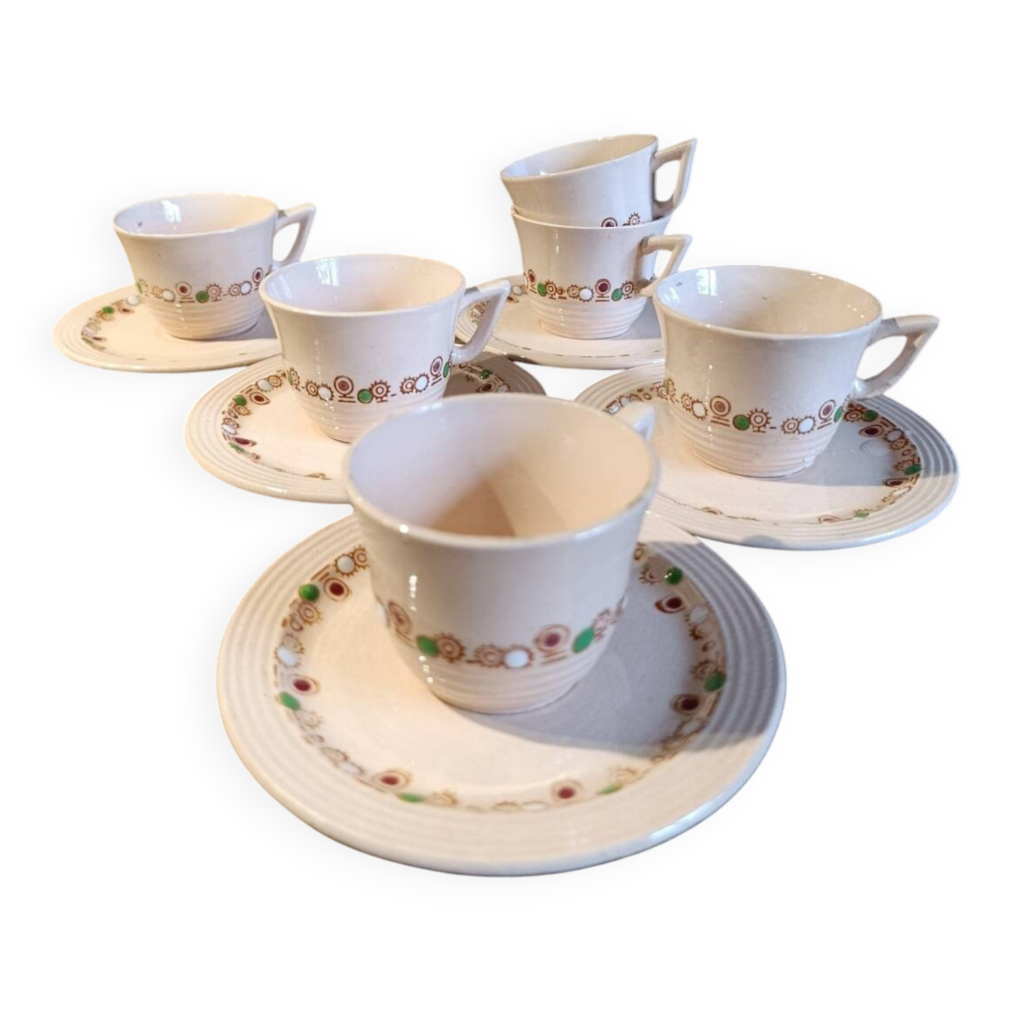 6 tasses et sous-tasses rose modèle Betty faïenc. de Longwy 1930