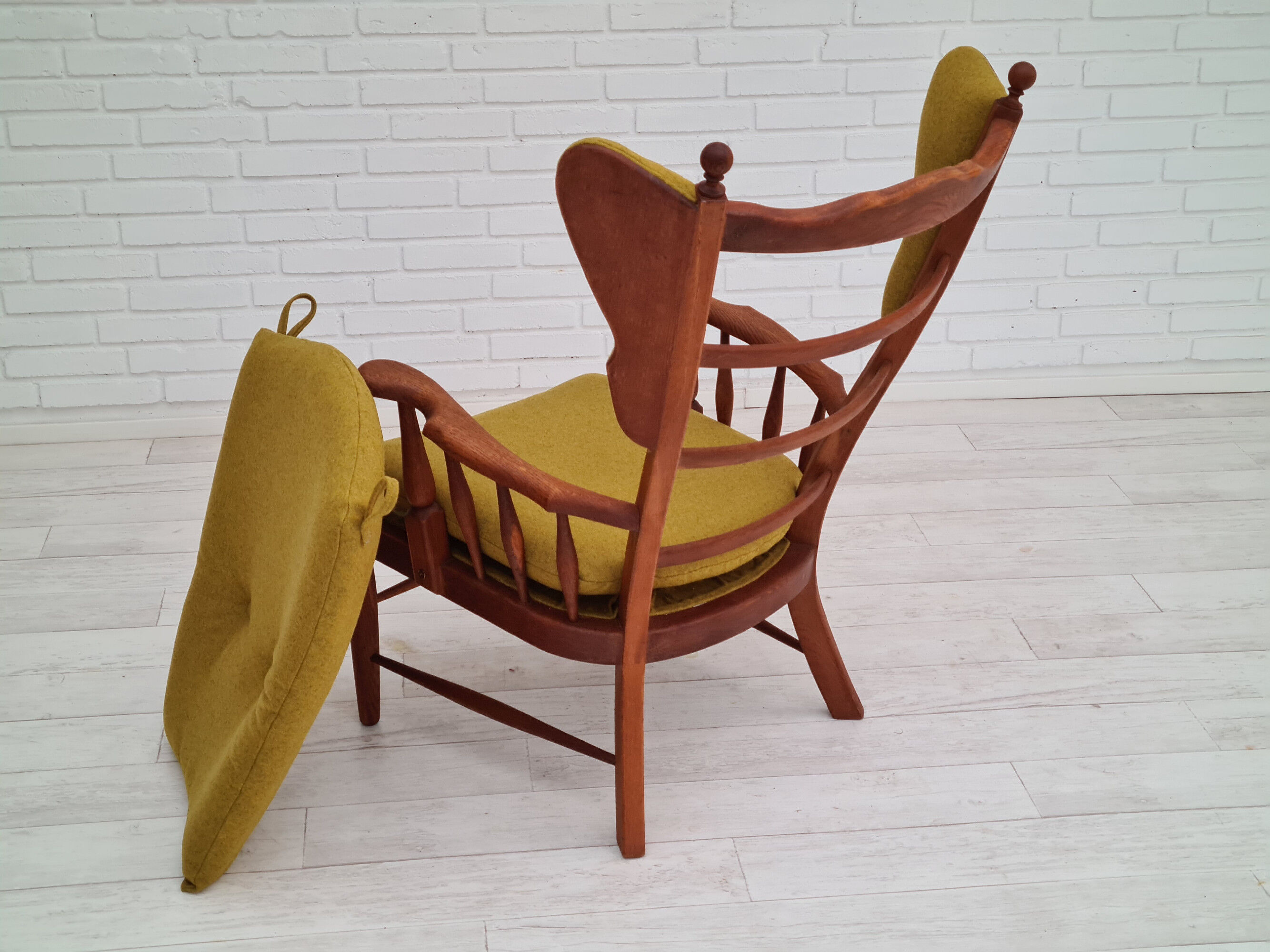Danish high-backed ear flap chair, 1960s, reupholstered, solid oak, furniture wool