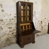Oak display secretary cabinet, two-body furniture with drop-down front.