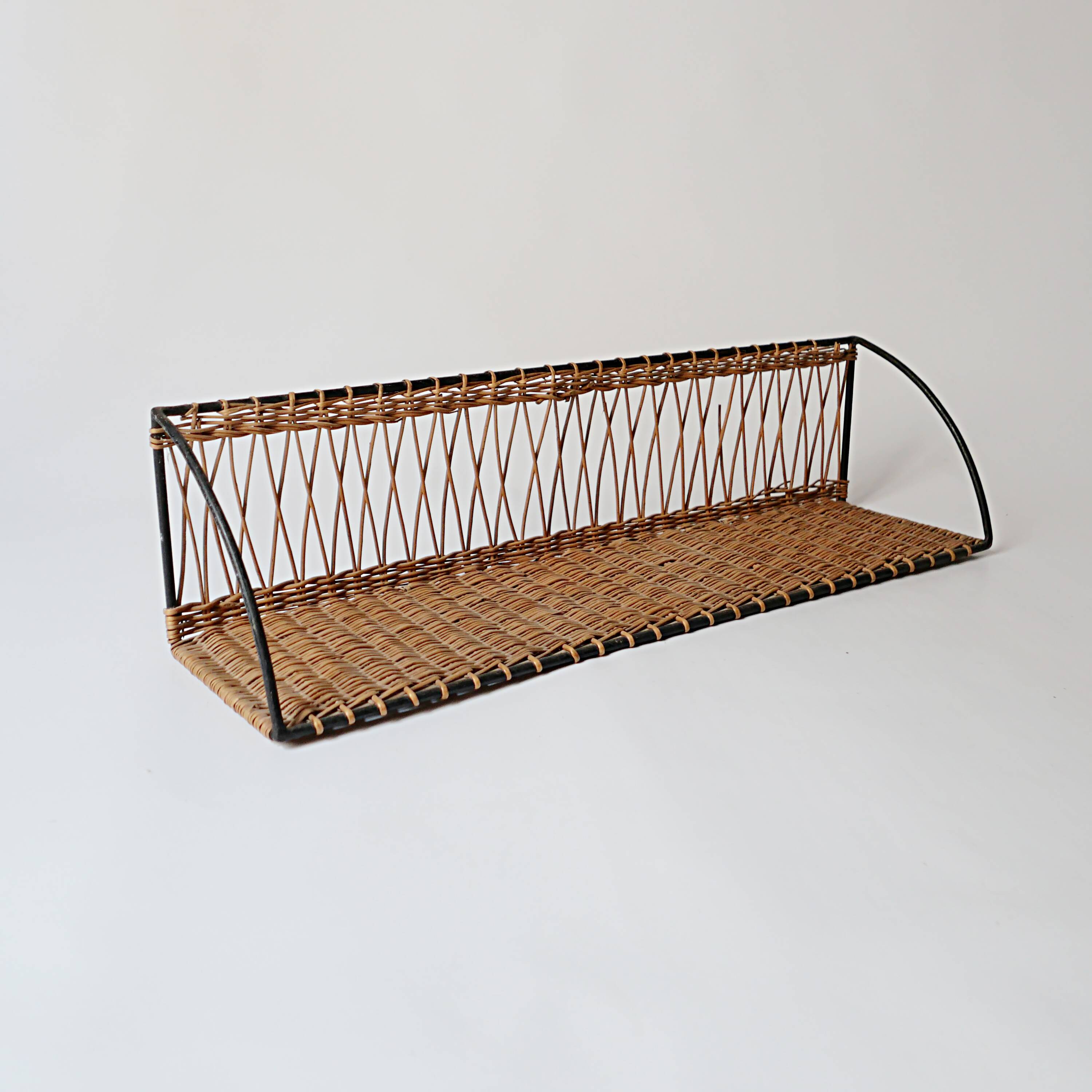 Vintage metal and wicker wall shelf, 1950s-1970s design, Mategot