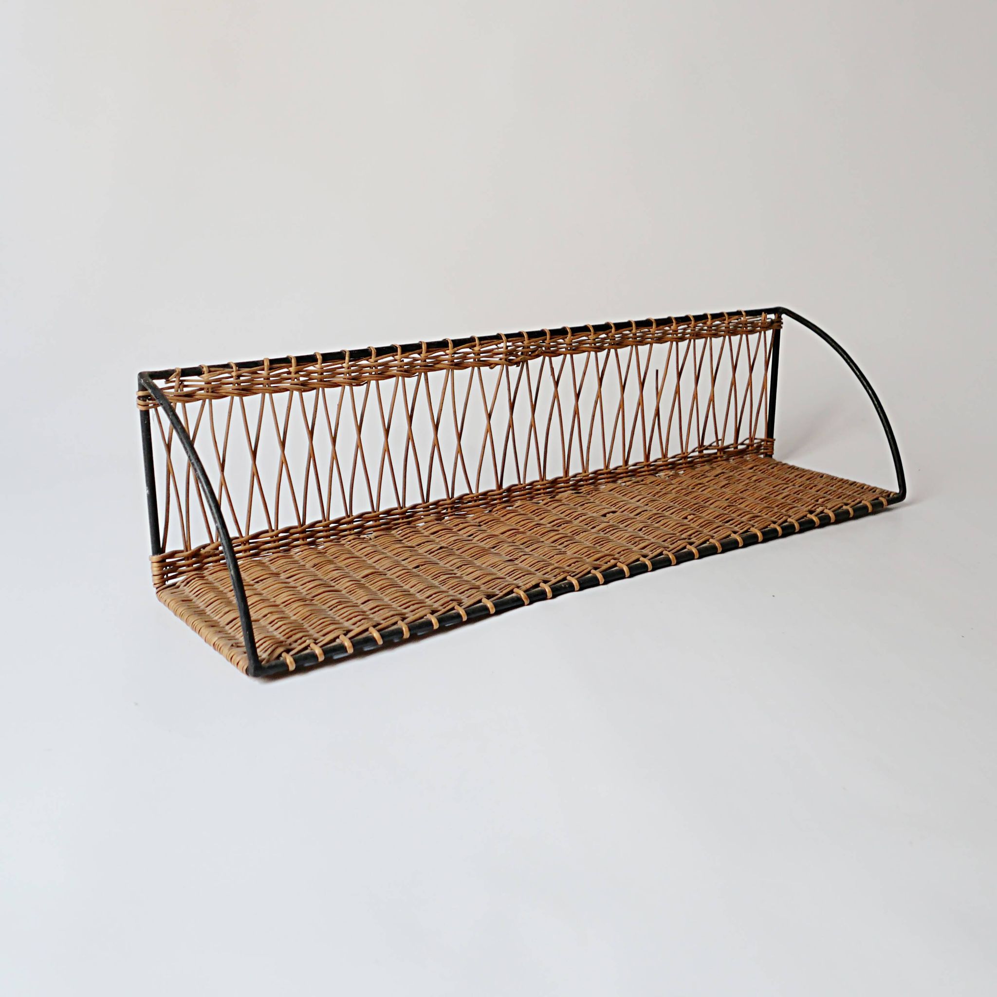 Vintage metal and wicker wall shelf, 1950s-1970s design, Mategot