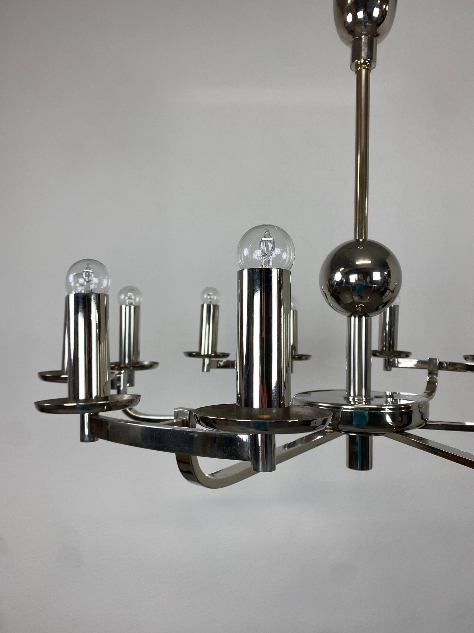 Large Bauhaus chandelier with two wall sconces.