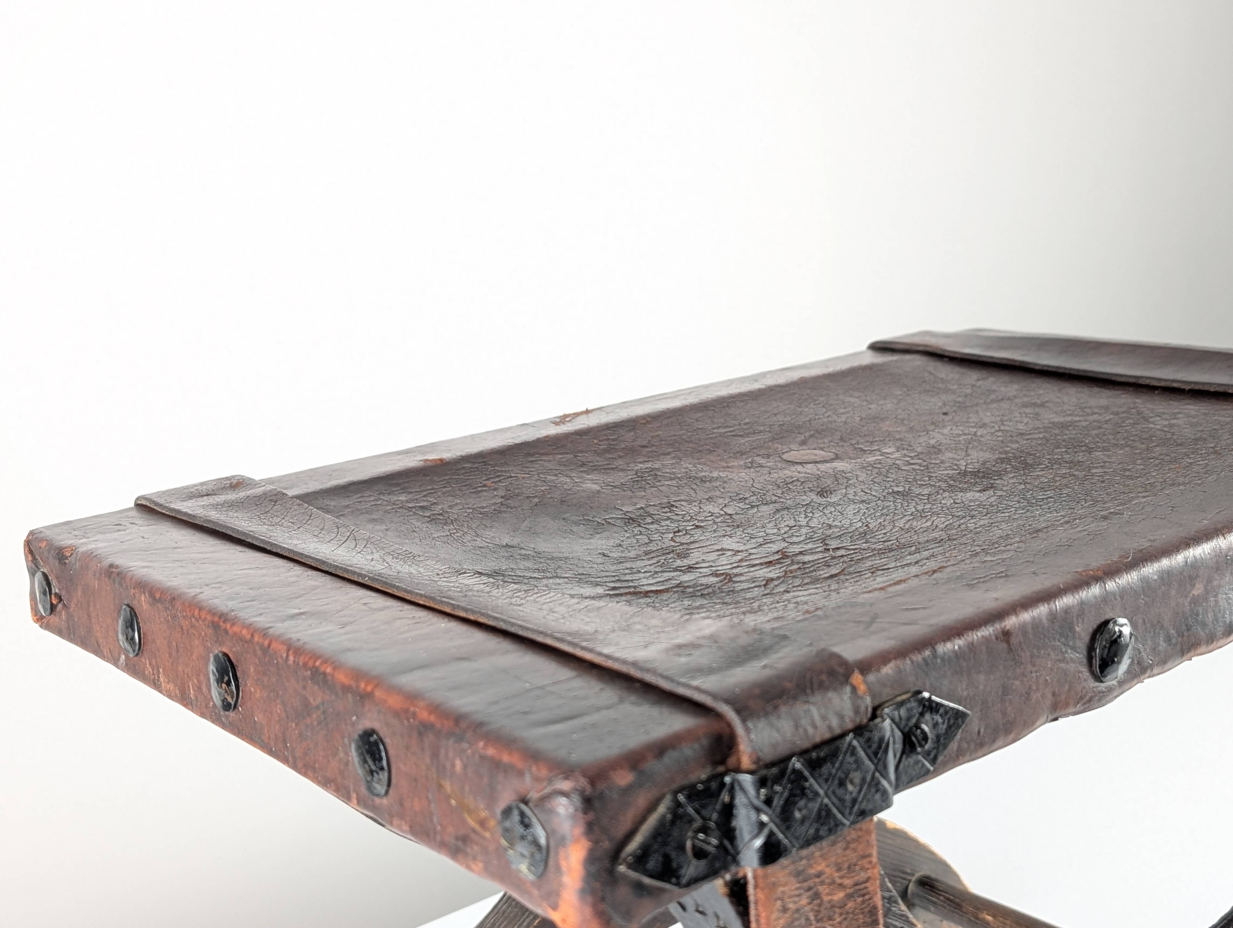 Colonial Curule Stool in Leather and Wrought Iron, Mexico, 1940s