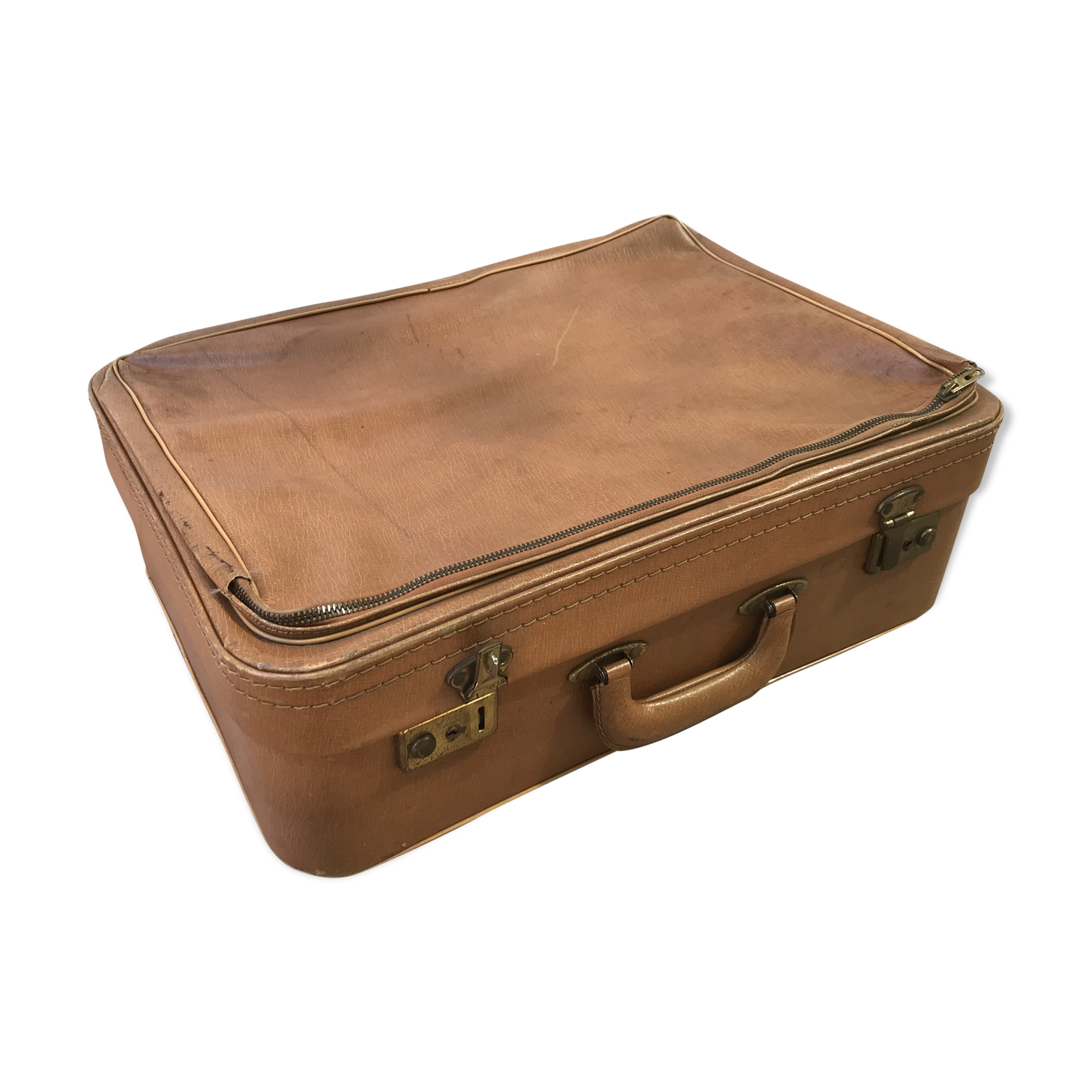 Old suitcase travel leather brown70s vintage
