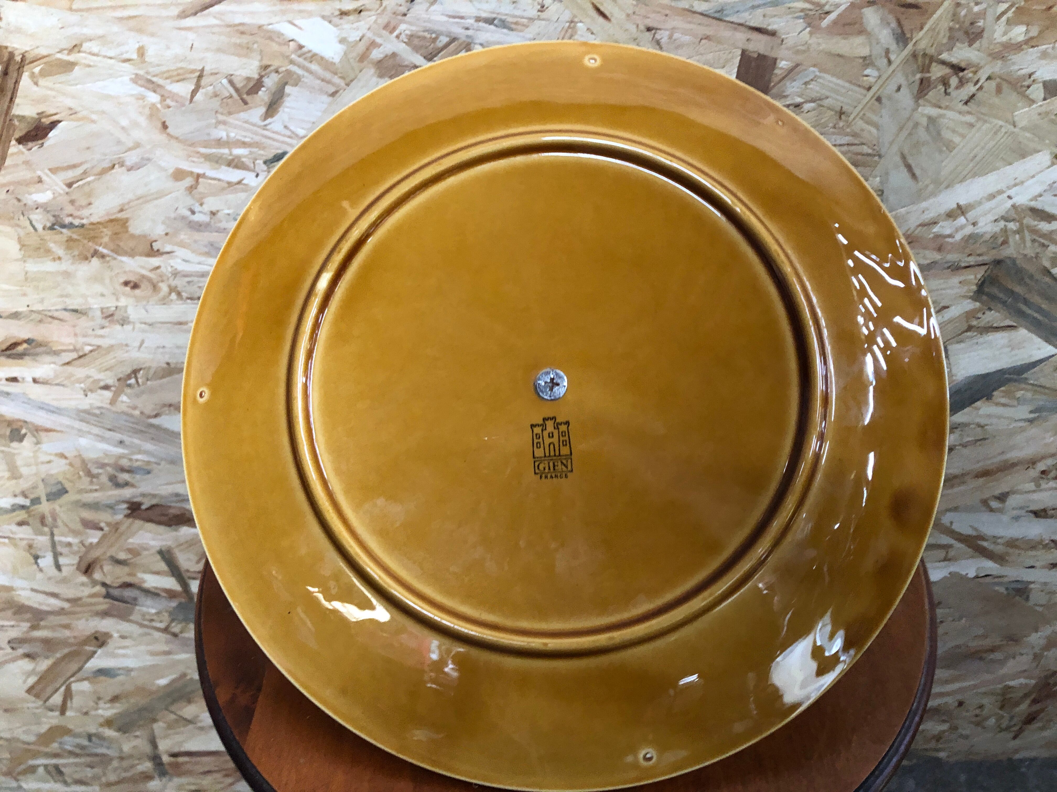 Ancien plat plateau fromage gien céramique beige décor feuilles + bois vintage