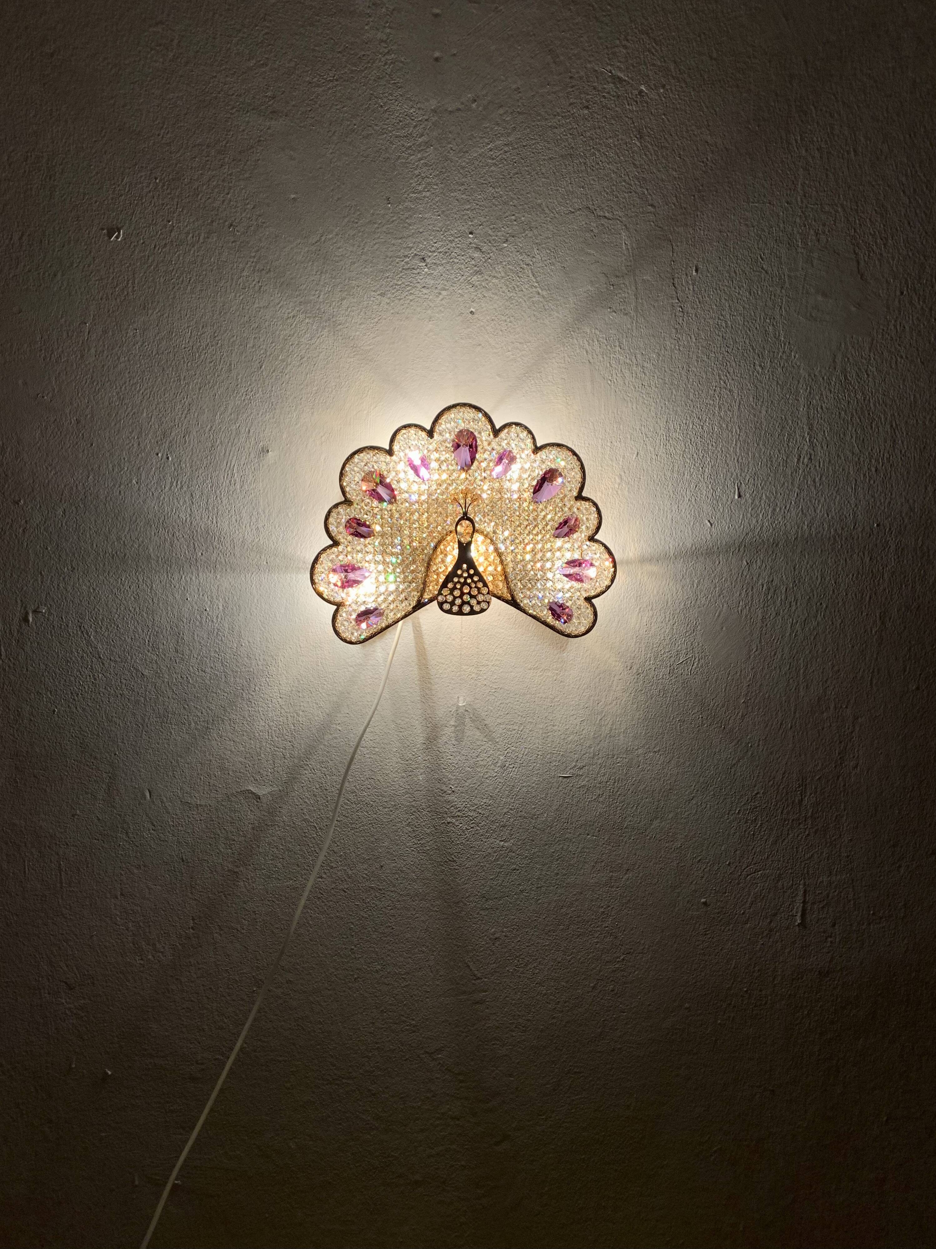 Set of 2 Beautiful Crystal Glass Peacock Wall Lamps by Palwa