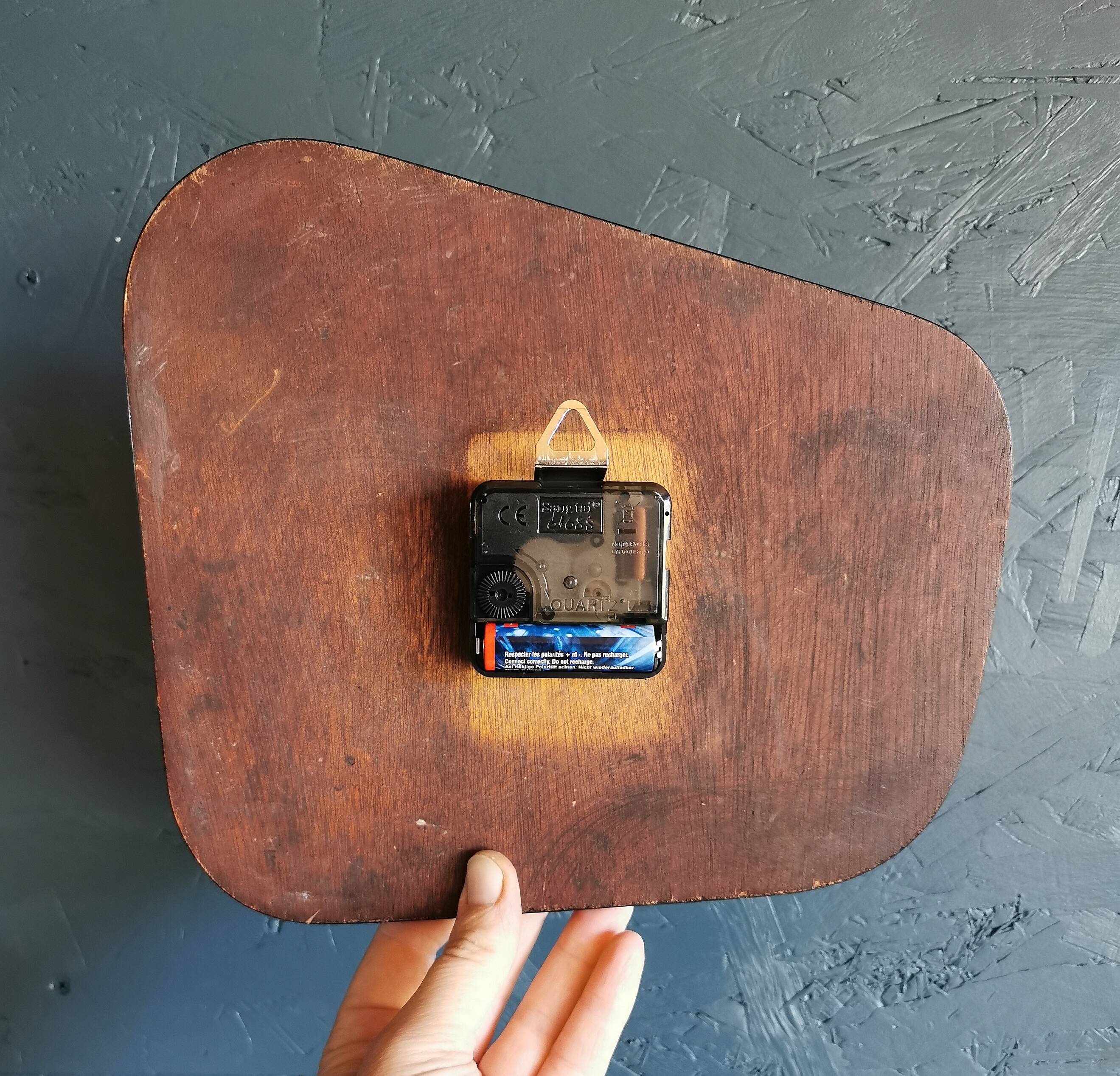 Vintage formica clock silent asymmetrical wall pendulum "Pink ocher blue"