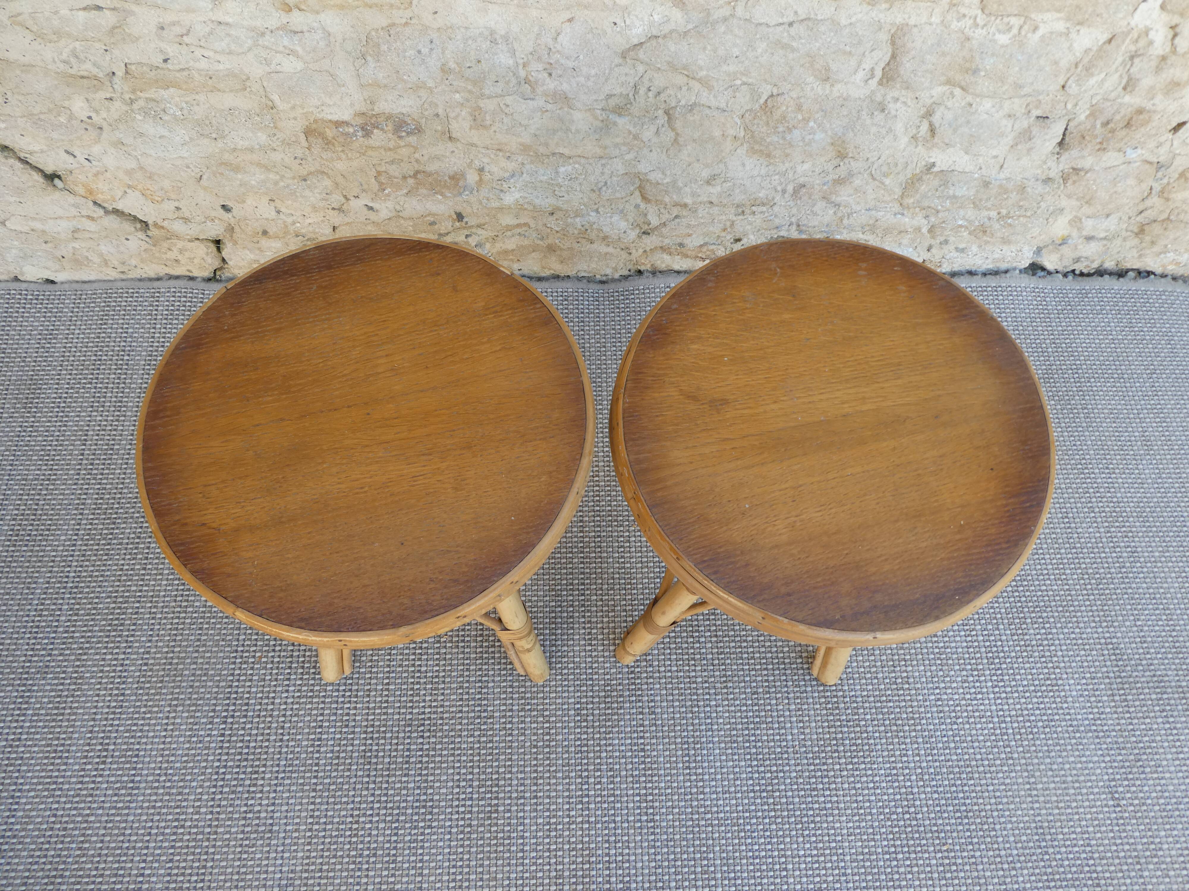 Pair of rattan and wood stools, vintage