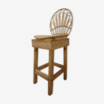 Wooden and rattan bar stool