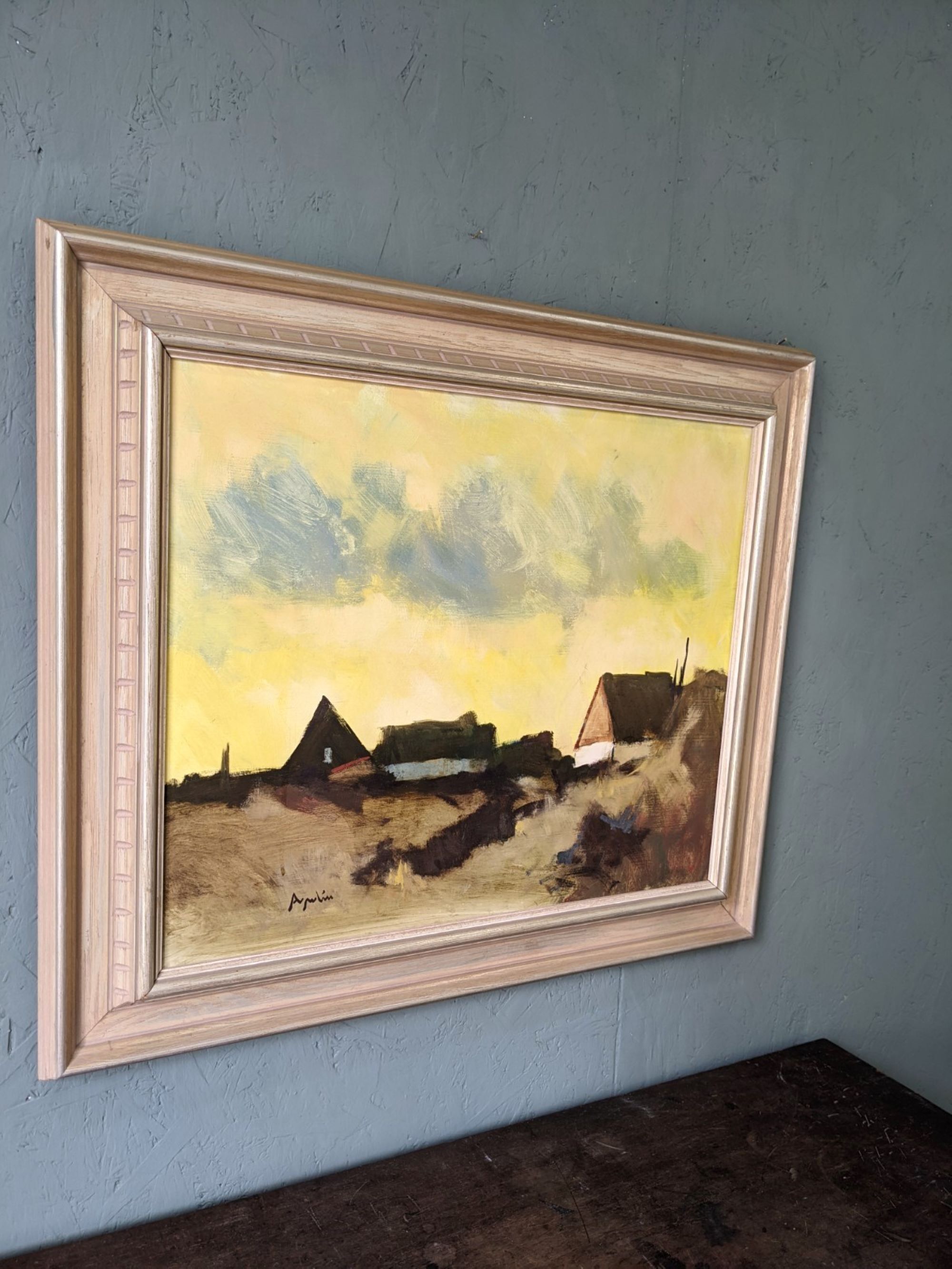 Mid-Century Modern Swedish "Yellow Skies" Vintage Landscape Oil Painting, Framed