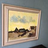 Mid-Century Modern Swedish "Yellow Skies" Vintage Landscape Oil Painting, Framed