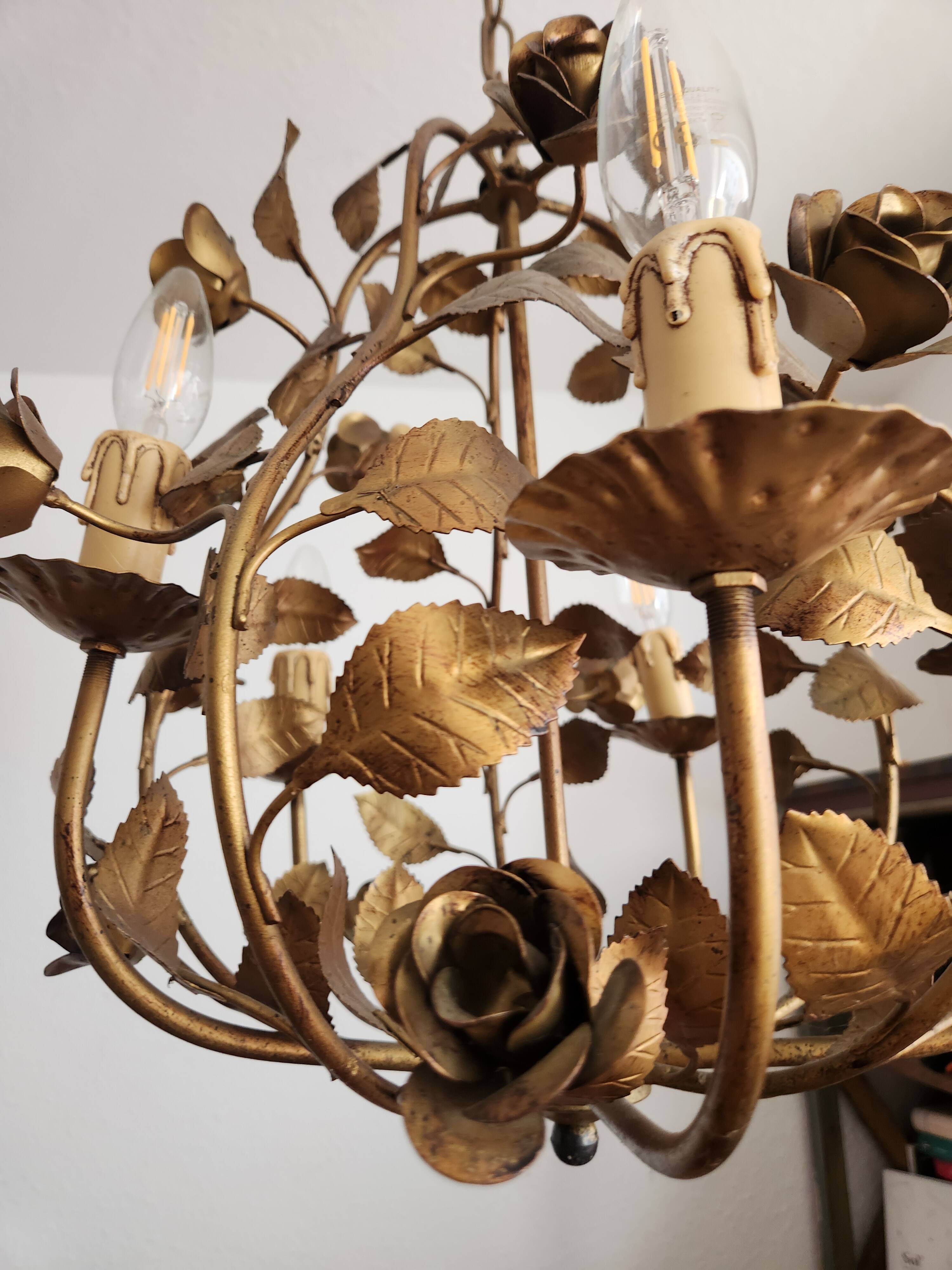 Chandelier hand-forged Hollywood Regency rose leaf decorations
