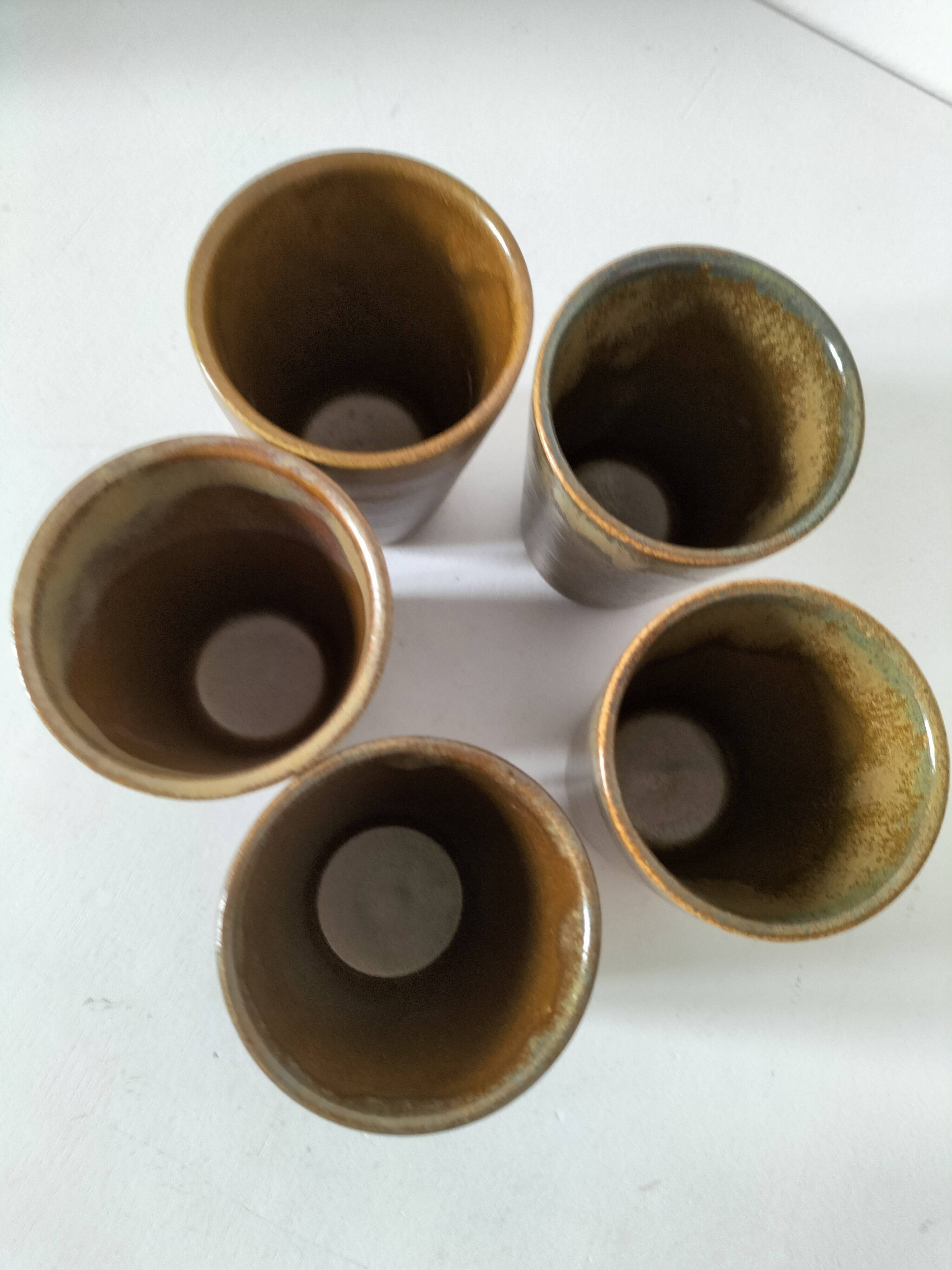 5 speckled stoneware cups from digoin (gp digoin) in brown, 1970s.