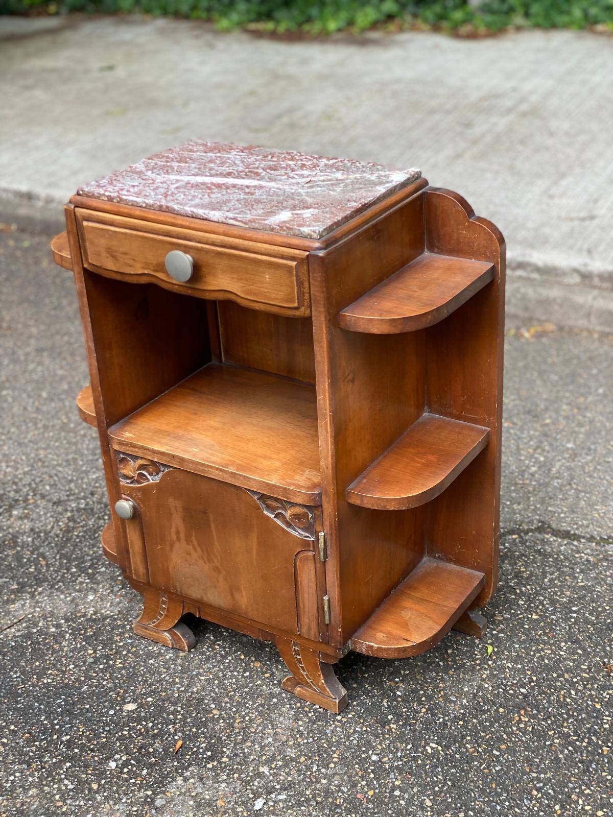 Art Deco bedside table in solid oak and marble from the 1940s.
