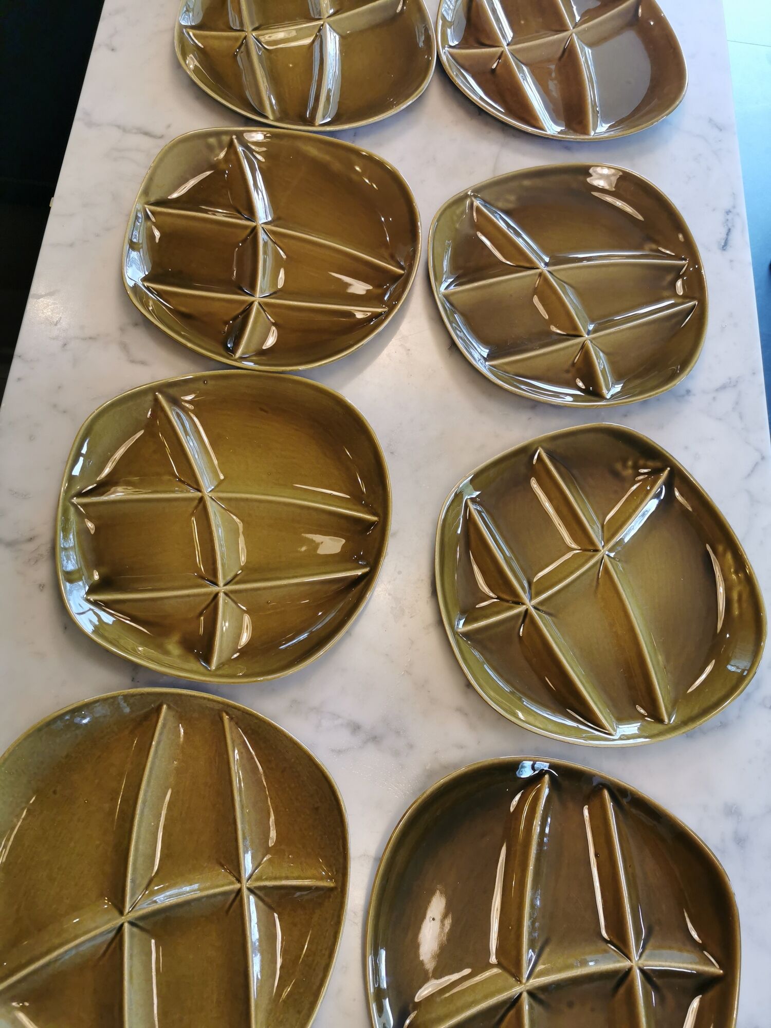Lot of 8 vintage green compartmentalized plates marked "Salins France"