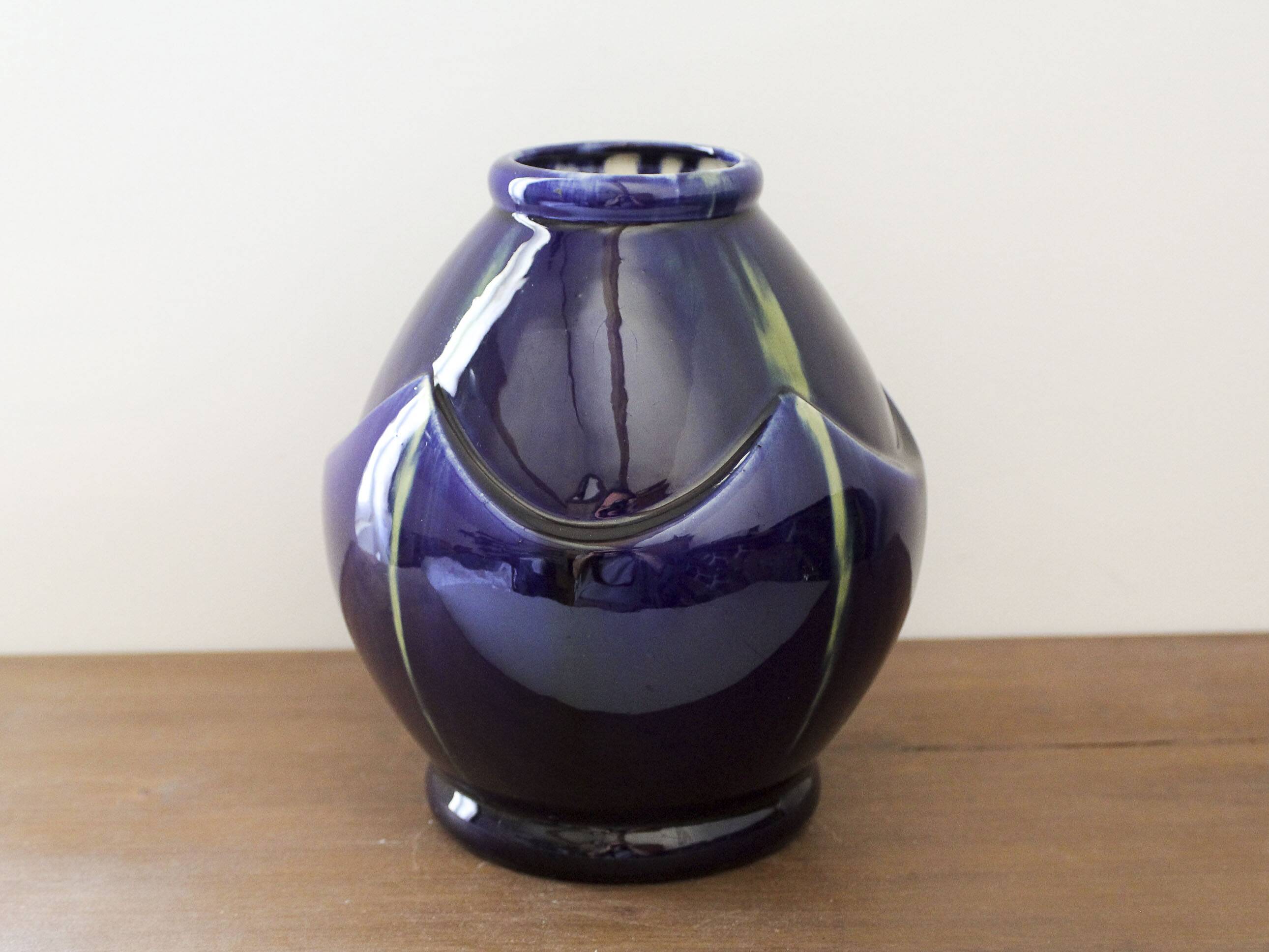 Art Deco vase in midnight blue glazed ceramic